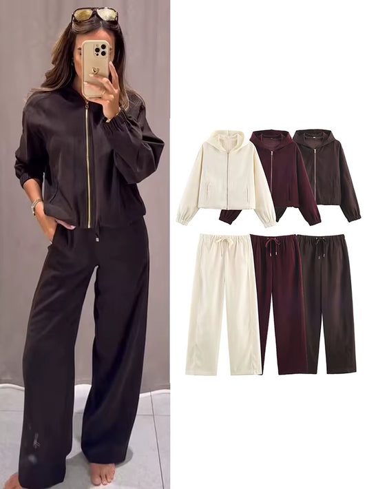 Women Casual Sweatshirt Pant Suit Long Sleeve Hooded Zipper Coats with Pocket Loose Straight Trousers Ladies Solid Sets