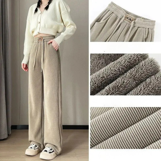 Women’s Warm Corduroy Wide-Leg Pants – High Waist & Fleece Lined