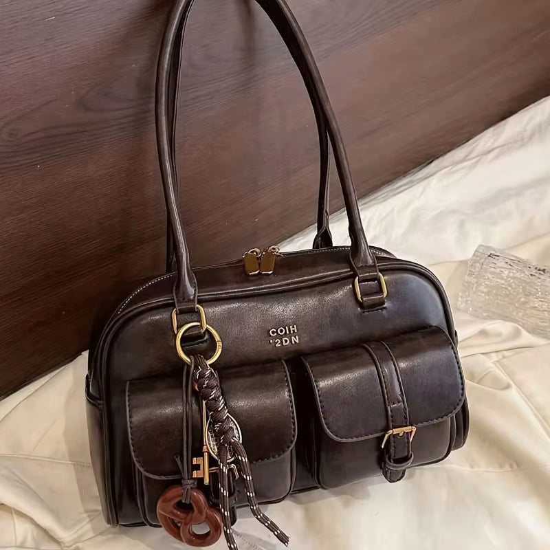 Women'S Retro Solid Color Pu Leather Shoulder Bag with Multiple Pockets Large Capacity Comes with a Detachable Accessory Charm