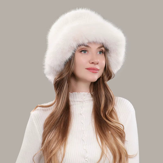 New Women'S Fluffy Faux Fur Bucket Hat Fox Furry Warm Women'S Winter Hat Thickened Cold and Snow Panama Hat